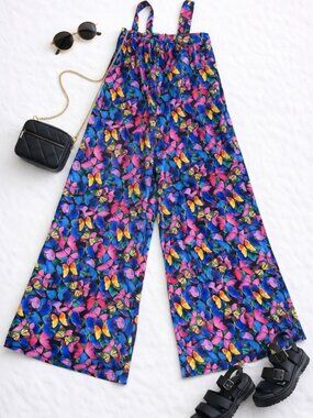 Colorful Butterfly Print Wide Leg Jumpsuit Size M Festival Retro Y2K